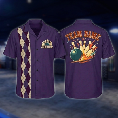 Personalized Argyle Navy Retro Bowling Hawaiian Shirt For Men, Custom Retro Bowling Shirt For Team BZ0797