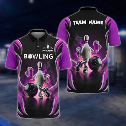 Pins And Beer Custom Mens Bowling Polo Shirt, Custom Beer Bowling Polo Shirts BZ0478