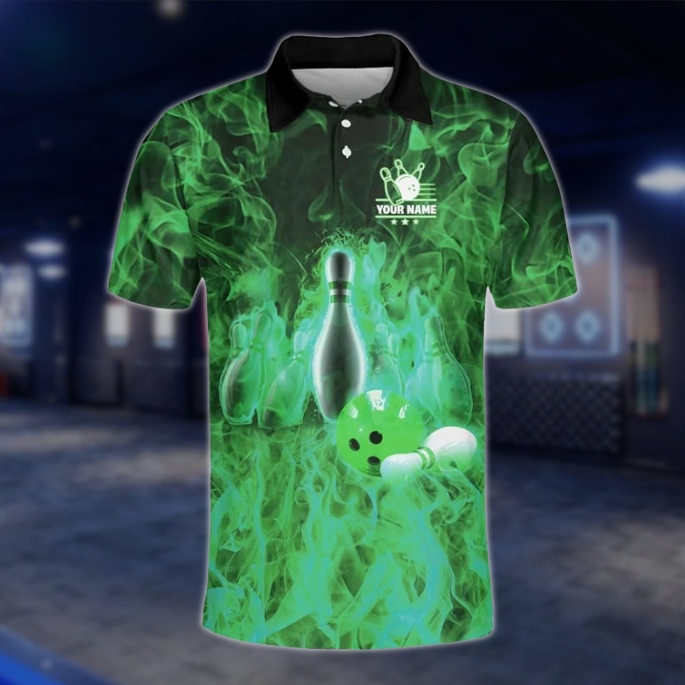 Custom Fire Pin And Ball Bowling Polo Shirts For Mens, Custom Flame Team Bowling Shirts BZ0132