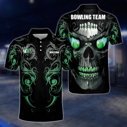 Custom Skull Green Black Bowling Mens Polo Shirt, Custom Skeleton Bowling Team Shirts BZ0188