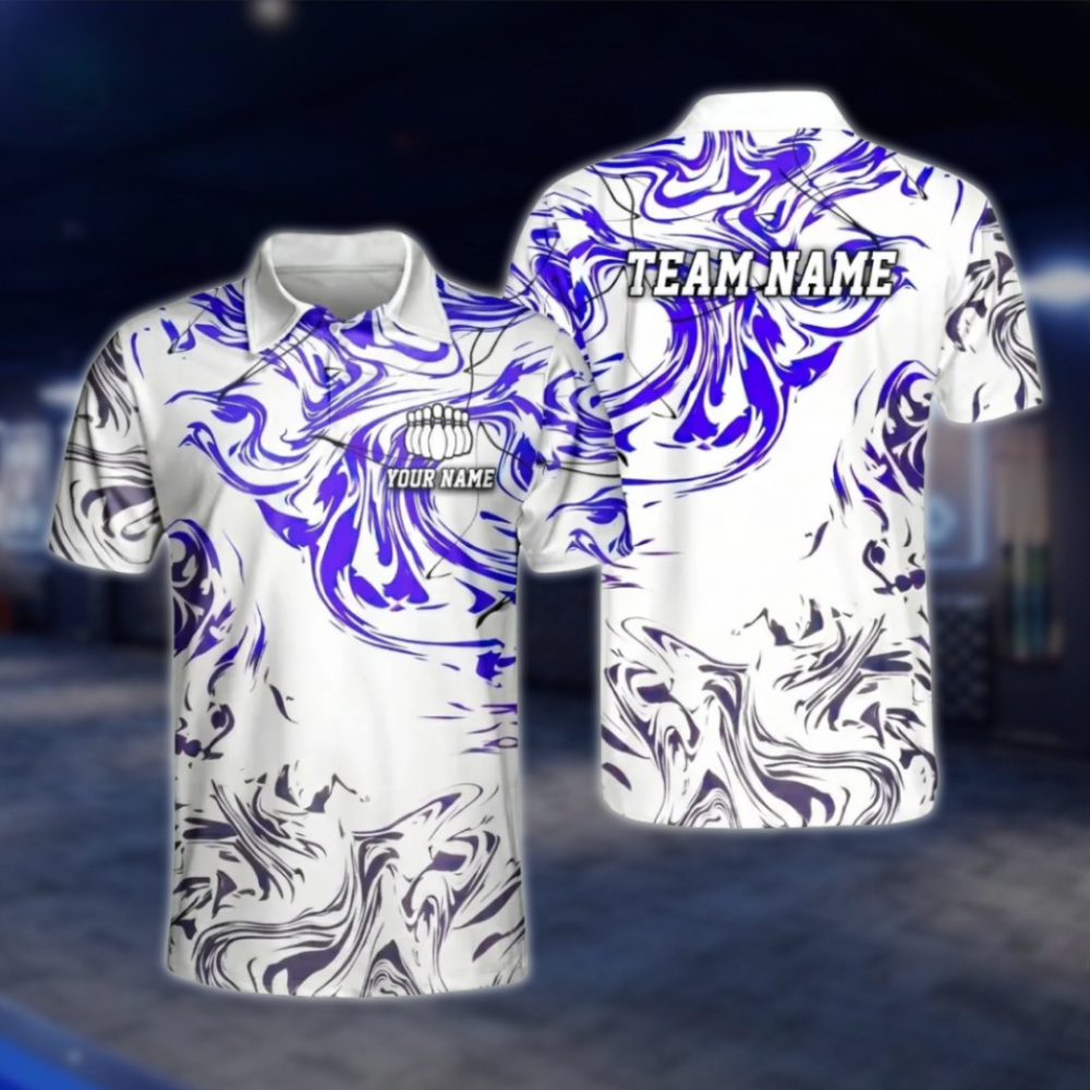 Custom Team Purple White Abstract Bowling Mens Polo Shirt, Custom Bowling Team Shirts BZ0480