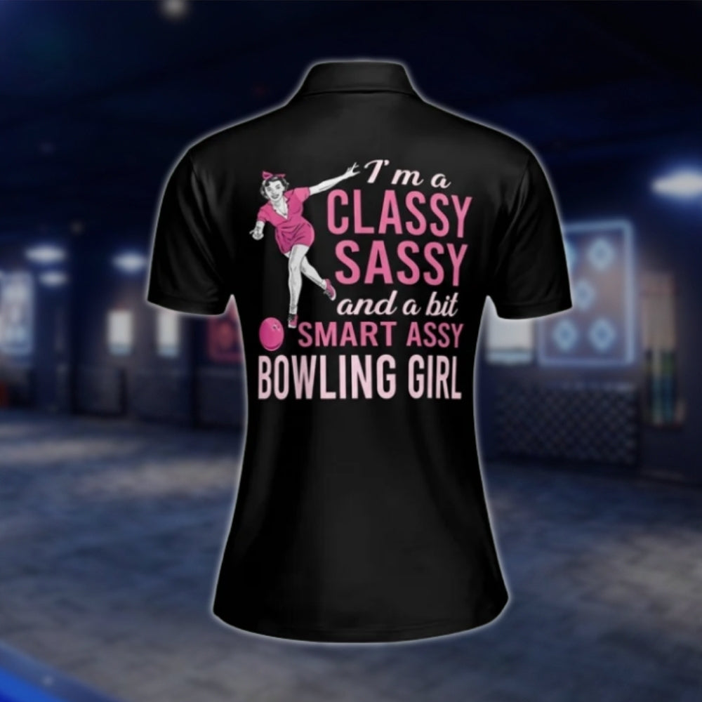 I'm A Classy Sassy And A Bit Smart Assy Bowling Shirt Custom Womens Black Pink Bowling Polo Shirt, Custom Funny Ladies Bowling Shirts BW0064