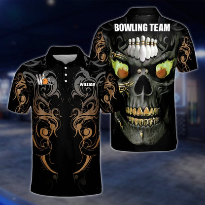 Custom Skull Green Black Bowling Mens Polo Shirt, Custom Skeleton Bowling Team Shirts BZ0188