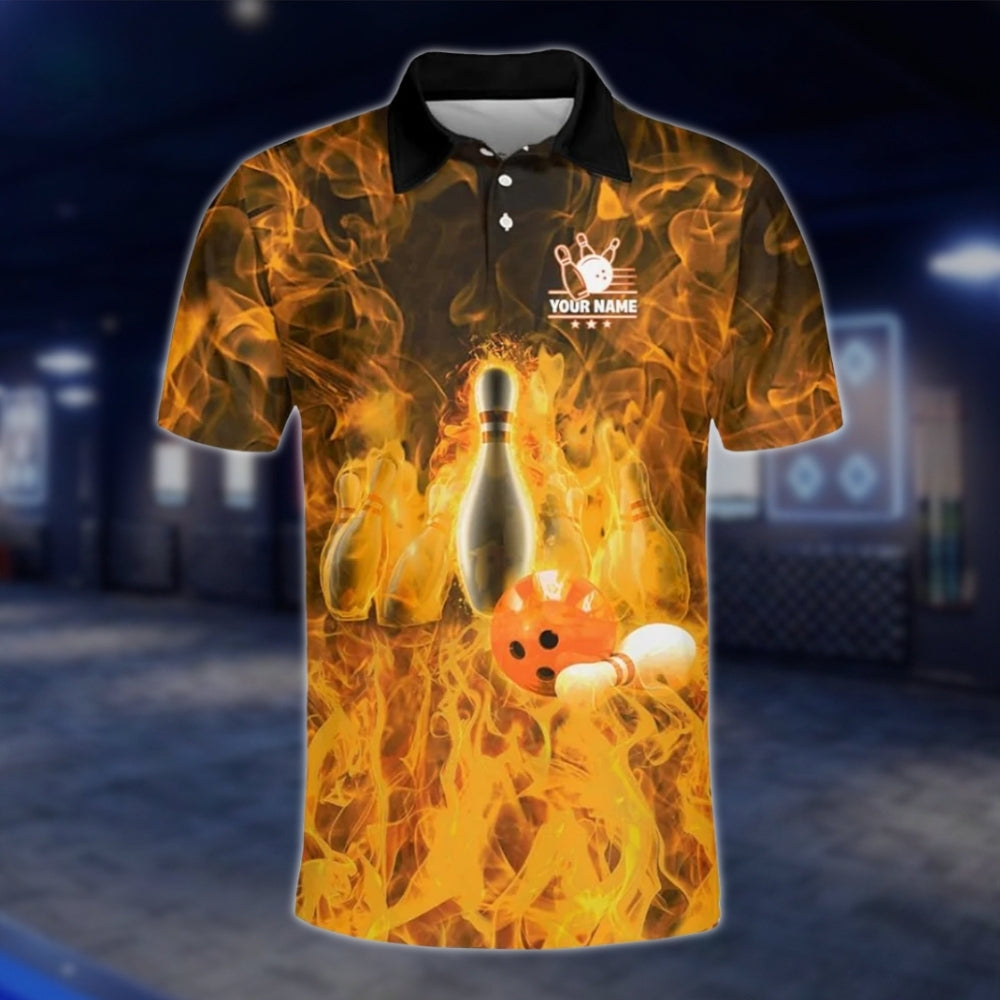 Custom Fire Pin And Ball Bowling Polo Shirts For Mens, Custom Flame Team Bowling Shirts BZ0132