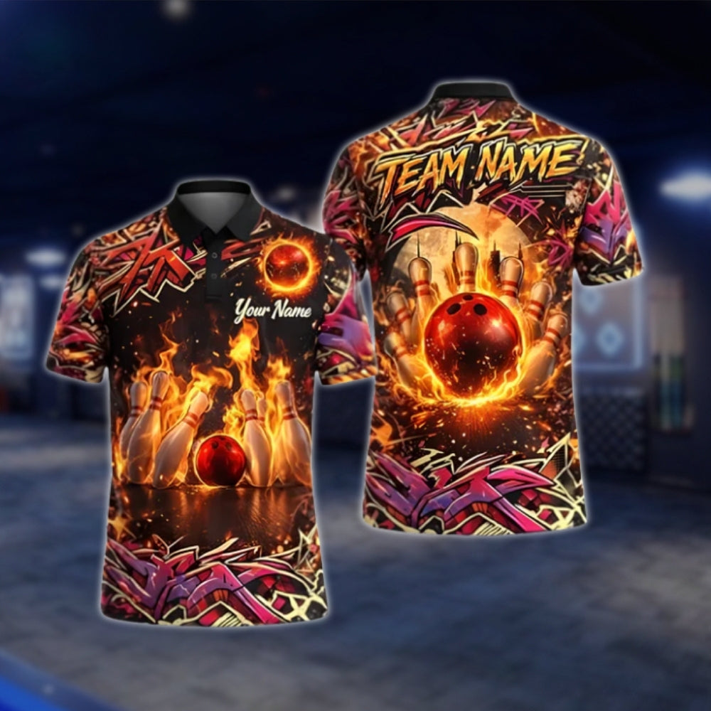 Custom Flame Graffiti Bowling Mens Polo Shirt, Custom Flame Bowling Team Shirts BZ0352