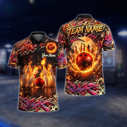 Custom Flame Graffiti Bowling Mens Polo Shirt, Custom Flame Bowling Team Shirts BZ0352