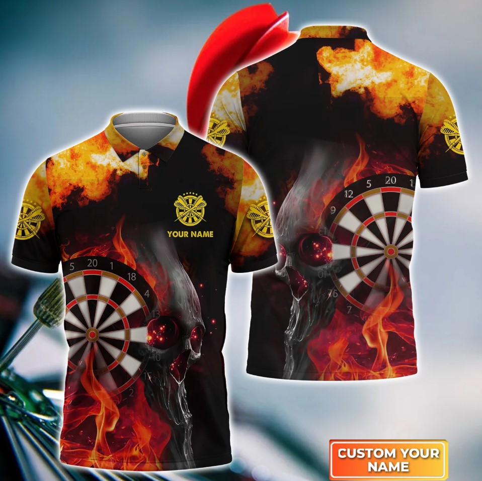 Fire Skull Personalized Darts Button Polo — Design 02