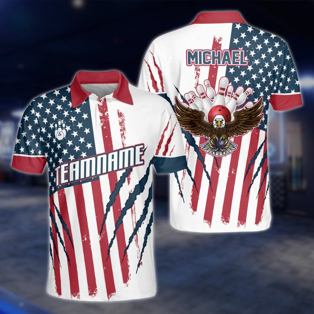 Eagle American Flag Custom Mens Bowling Polo Shirt, Custom Patriotic Bowling Team Shirts BZ0098