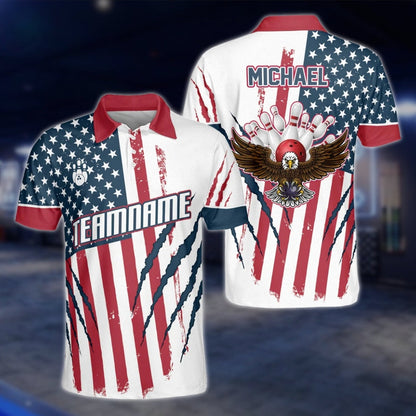 Eagle American Flag Custom Mens Bowling Polo Shirt, Custom Patriotic Bowling Team Shirts BZ0098