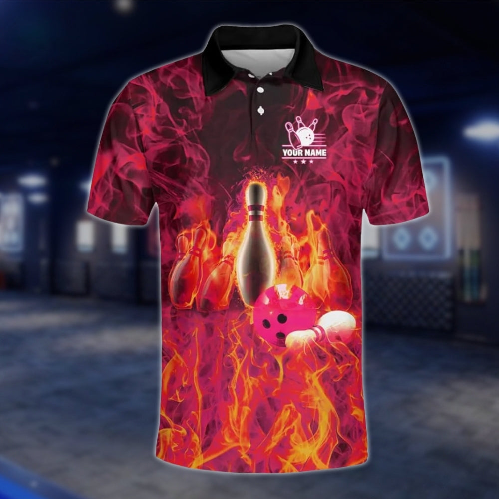 Custom Fire Pin And Ball Bowling Polo Shirts For Mens, Custom Flame Team Bowling Shirts BZ0132