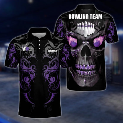 Custom Skull Green Black Bowling Mens Polo Shirt, Custom Skeleton Bowling Team Shirts BZ0188