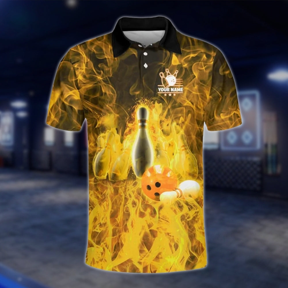 Custom Fire Pin And Ball Bowling Polo Shirts For Mens, Custom Flame Team Bowling Shirts BZ0132