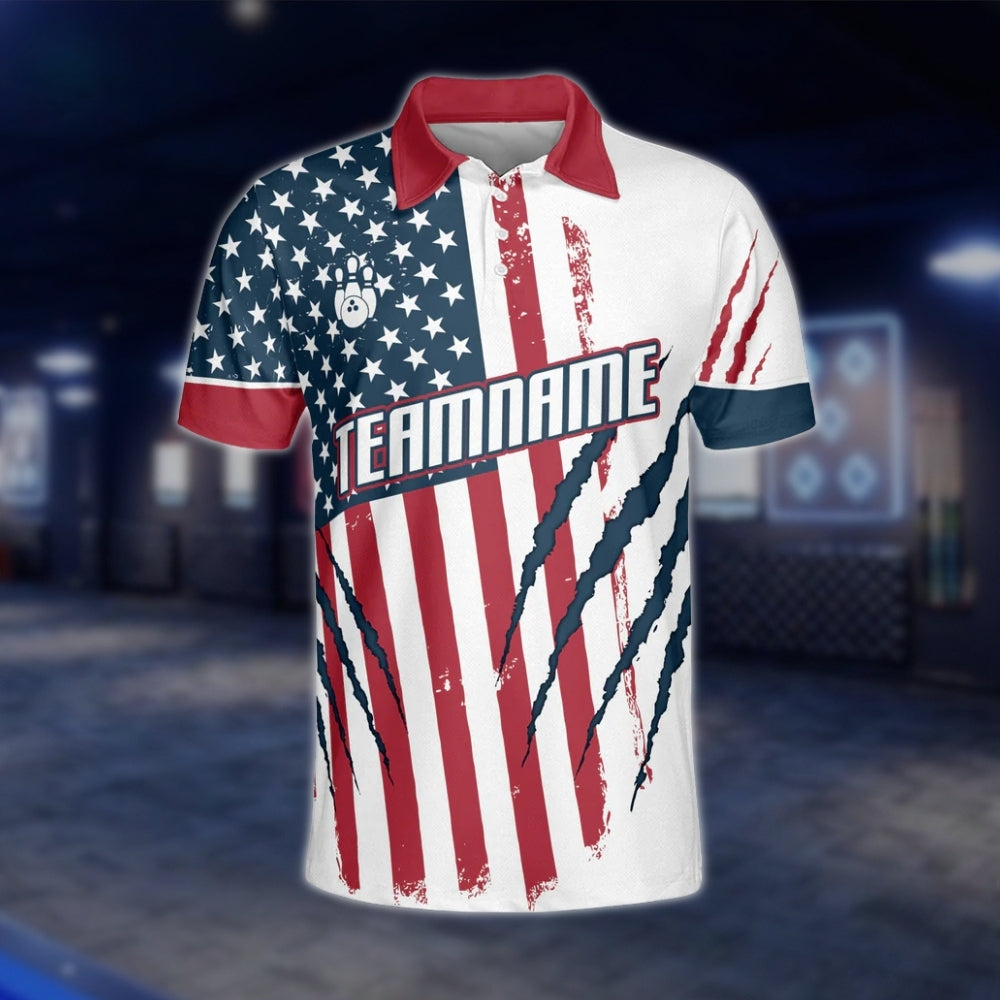 Eagle American Flag Custom Mens Bowling Polo Shirt, Custom Patriotic Bowling Team Shirts BZ0098