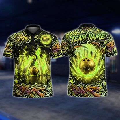 Custom Flame Graffiti Bowling Mens Polo Shirt, Custom Flame Bowling Team Shirts BZ0352