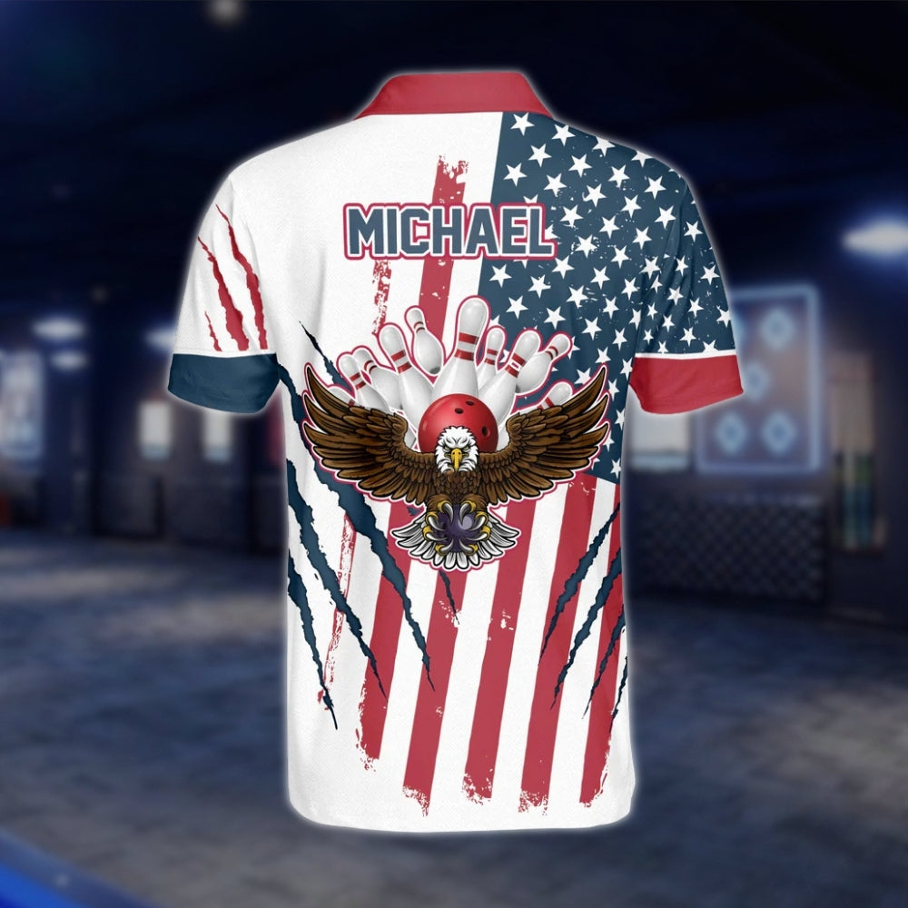 Eagle American Flag Custom Mens Bowling Polo Shirt, Custom Patriotic Bowling Team Shirts BZ0098
