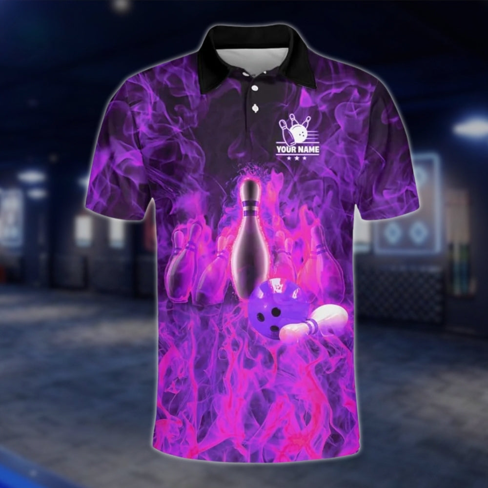 Custom Fire Pin And Ball Bowling Polo Shirts For Mens, Custom Flame Team Bowling Shirts BZ0132