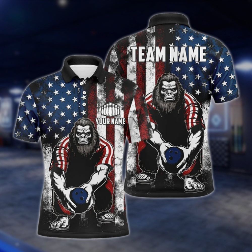 Bigfoot American Flag Custom Mens Bowling Polo Shirt, Custom Sasquatch Patriotic Bowling Team Shirts BO0301