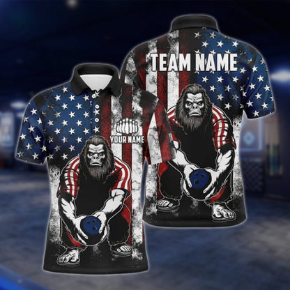 Bigfoot American Flag Custom Mens Bowling Polo Shirt, Custom Sasquatch Patriotic Bowling Team Shirts BO0301