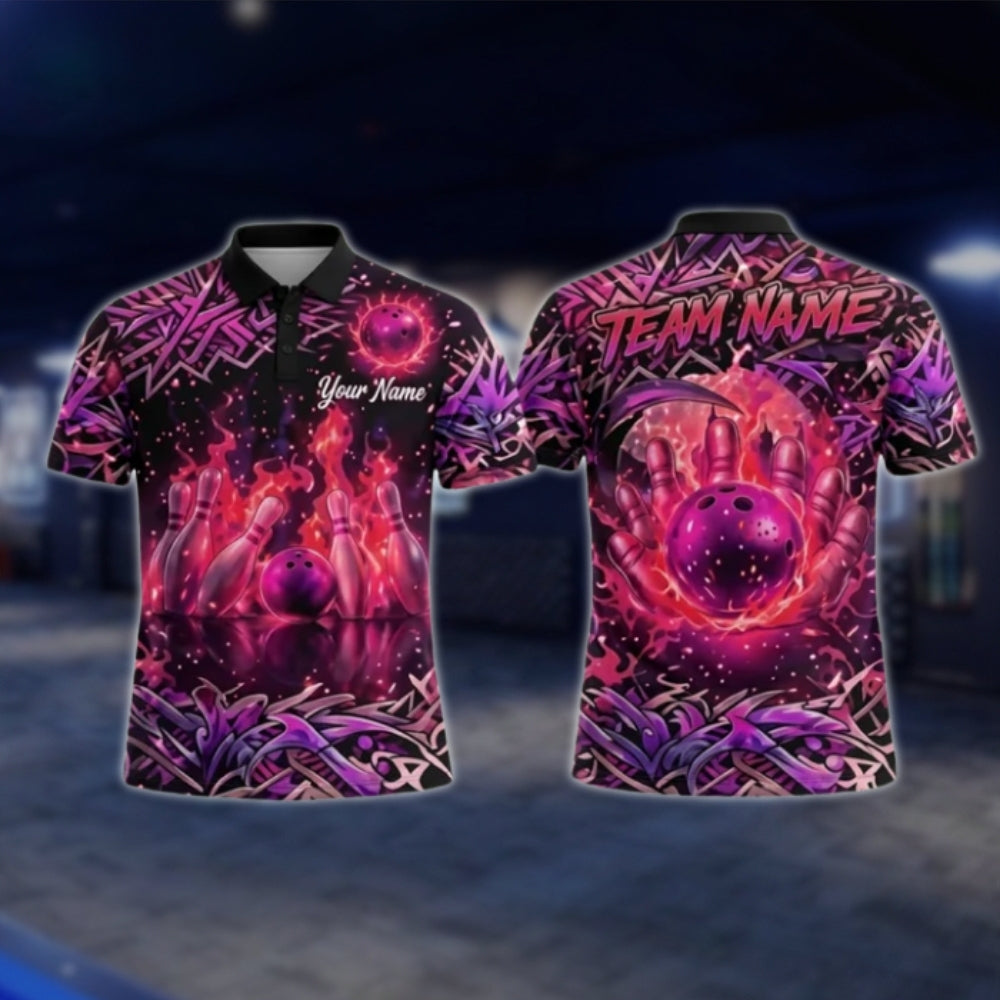 Custom Flame Graffiti Bowling Mens Polo Shirt, Custom Flame Bowling Team Shirts BZ0352