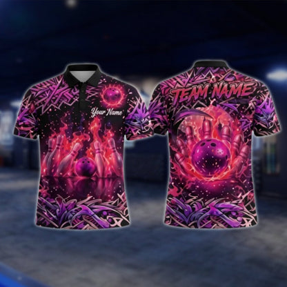 Custom Flame Graffiti Bowling Mens Polo Shirt, Custom Flame Bowling Team Shirts BZ0352