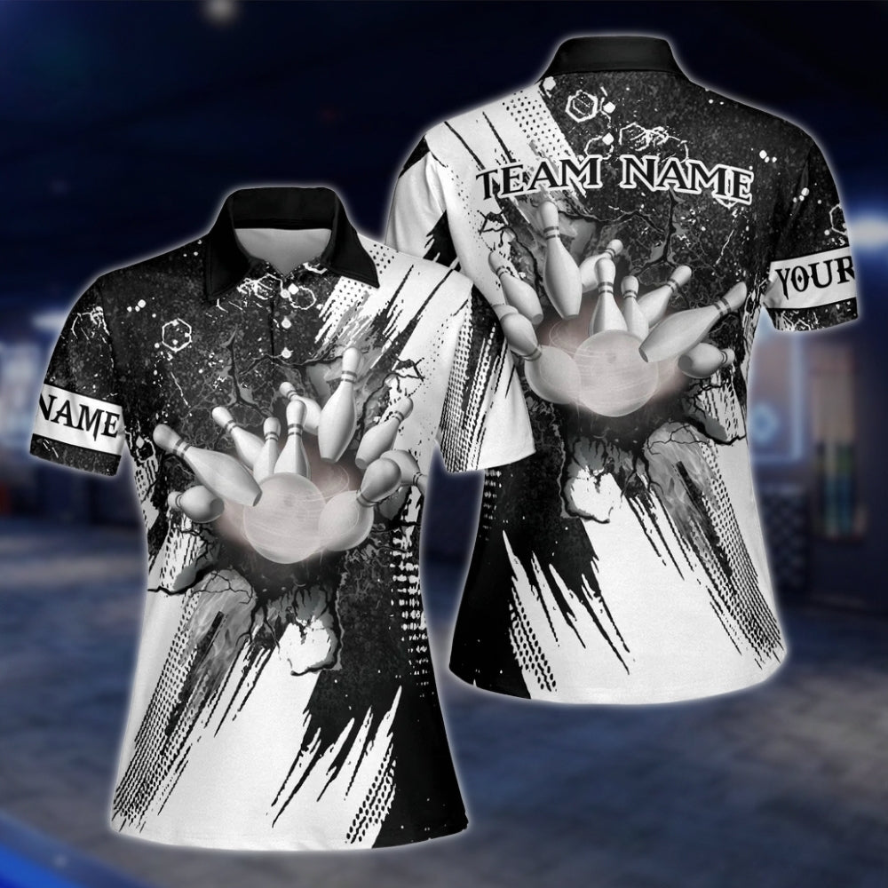 Custom Team Black Grey Bowling Polo Shirt For Ladies, Custom Bowling Shirt Women BZ0163