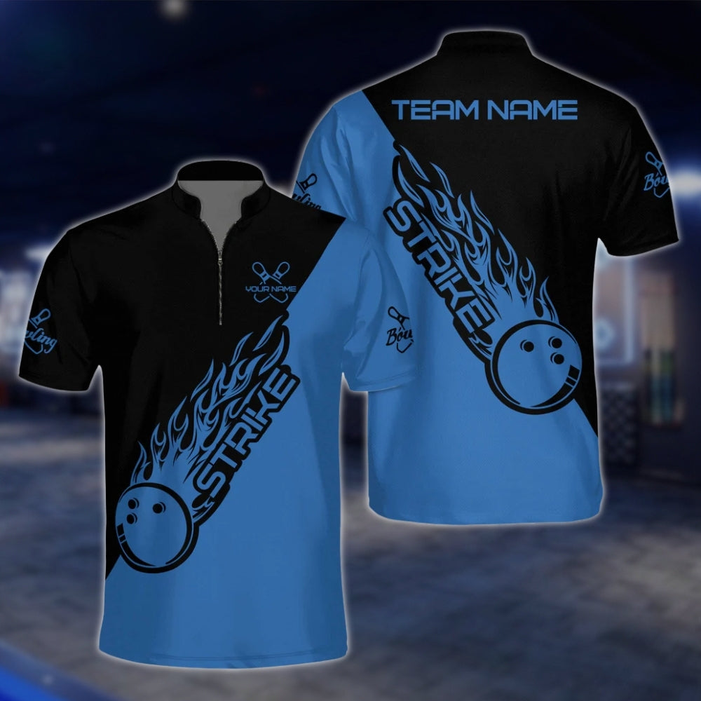 Custom Flame Ball Blue Black Bowling Mens Jersey, Custom Team Bowling Shirts BZ0129