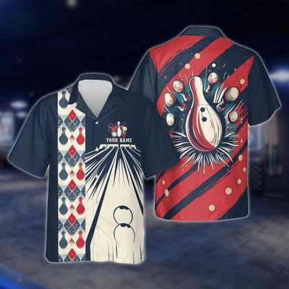 Custom Retro Red White Blue Hawaiian Bowling Shirt For Men Women, Custom Retro Bowling Shirts BE0009