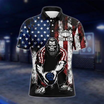 Bigfoot American Flag Custom Mens Bowling Polo Shirt, Custom Sasquatch Patriotic Bowling Team Shirts BO0301