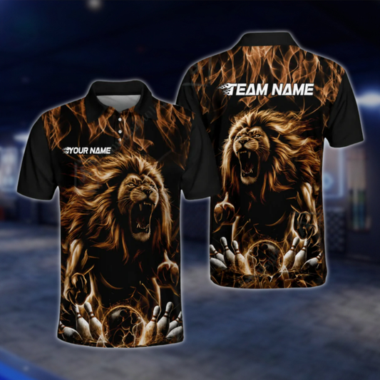 Custom Lion Flame Bowling Polo Shirt For Mens, Custom Lion Flame Bowling Team Shirts BZ0482