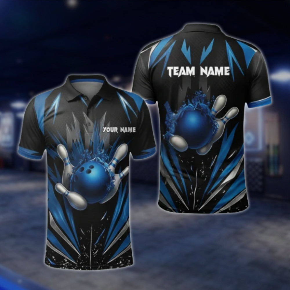 Black And Blue Custom Mens Team Bowling Polo Shirt, Custom Bowling Shirt For Team BZ0368