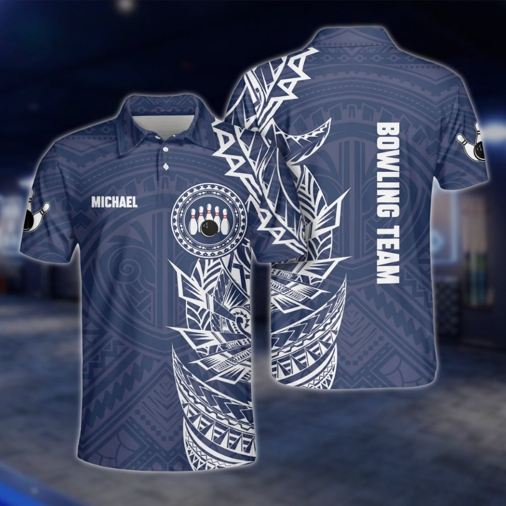 Custom Tribal Blue And White Bowling Polo Shirt For Mens, Custom Tribal Bowling Team Shirts BO0192