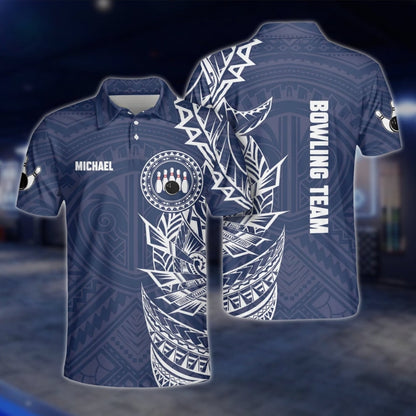 Custom Tribal Blue And White Bowling Polo Shirt For Mens, Custom Tribal Bowling Team Shirts BO0192