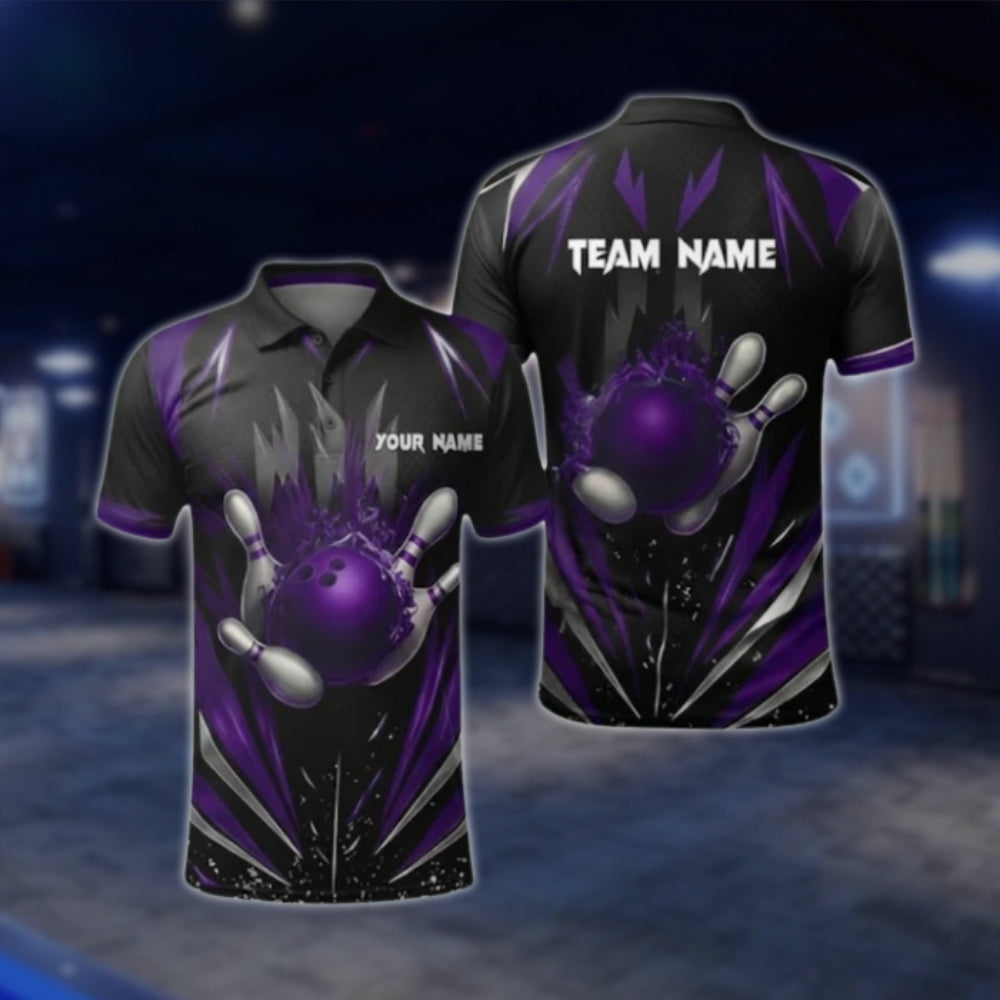 Black And Blue Custom Mens Team Bowling Polo Shirt, Custom Bowling Shirt For Team BZ0368