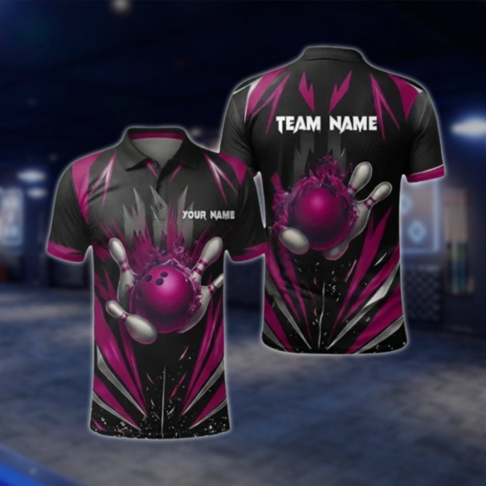 Black And Blue Custom Mens Team Bowling Polo Shirt, Custom Bowling Shirt For Team BZ0368