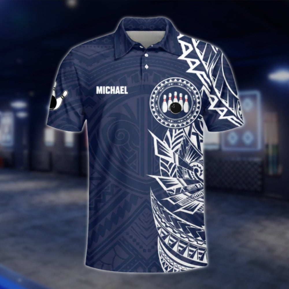 Custom Tribal Blue And White Bowling Polo Shirt For Mens, Custom Tribal Bowling Team Shirts BO0192