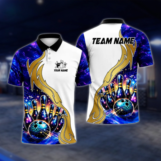 Custom Team Galaxy Pins And Ball Bowling Polo Shirt For Mens, Blue White Custom Bowling Team Shirts BZ0483