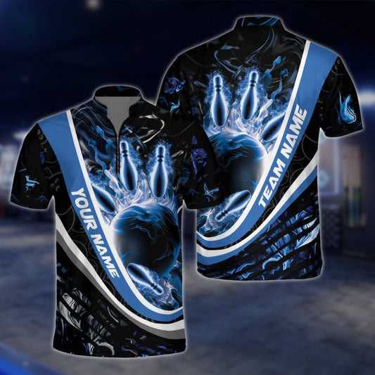 Custom Blue Flame Bowling Jersey For Mens, Custom Flame Bowling Shirts BZ0128