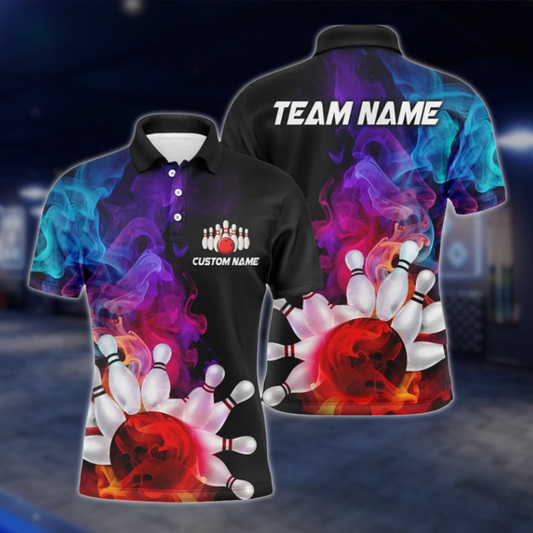 Personalized Team Colorful Smoke Bowling Polo Shirt Men, Custom Bowling Team Shirts BZ0807