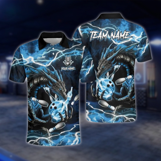 Personalized Dragon Men's Blue Thunder Bowling Polo Shirt, Custom Dragon Bowling Shirt Team BZ0921