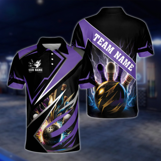 Personalized Black Purple Polo Bowling Team Shirts Mens, Custom Bowling Shirts Team BZ0024