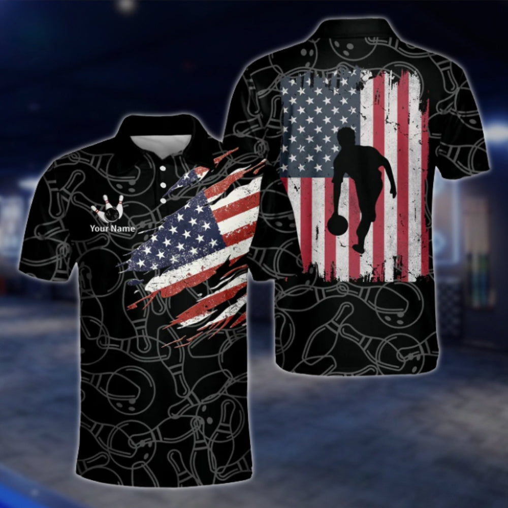 Custom American Flag Grunge Mens Black Bowling Polo Shirt, Custom Patriotic Bowling Team Shirts BM0323