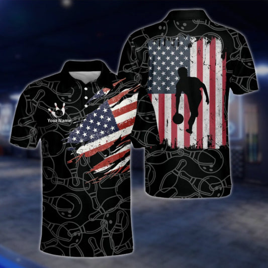 Custom American Flag Grunge Mens Black Bowling Polo Shirt, Custom Patriotic Bowling Team Shirts BM0323
