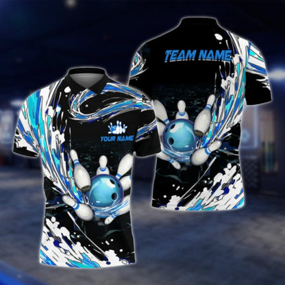 Custom Flame Blue White Black Bowling Mens Polo Shirt, Custom Flame Bowling Team Shirts BO0206