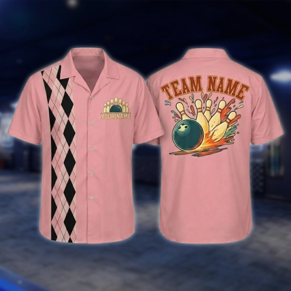 Personalized Argyle Navy Retro Bowling Hawaiian Shirt For Men, Custom Retro Bowling Shirt For Team BZ0797
