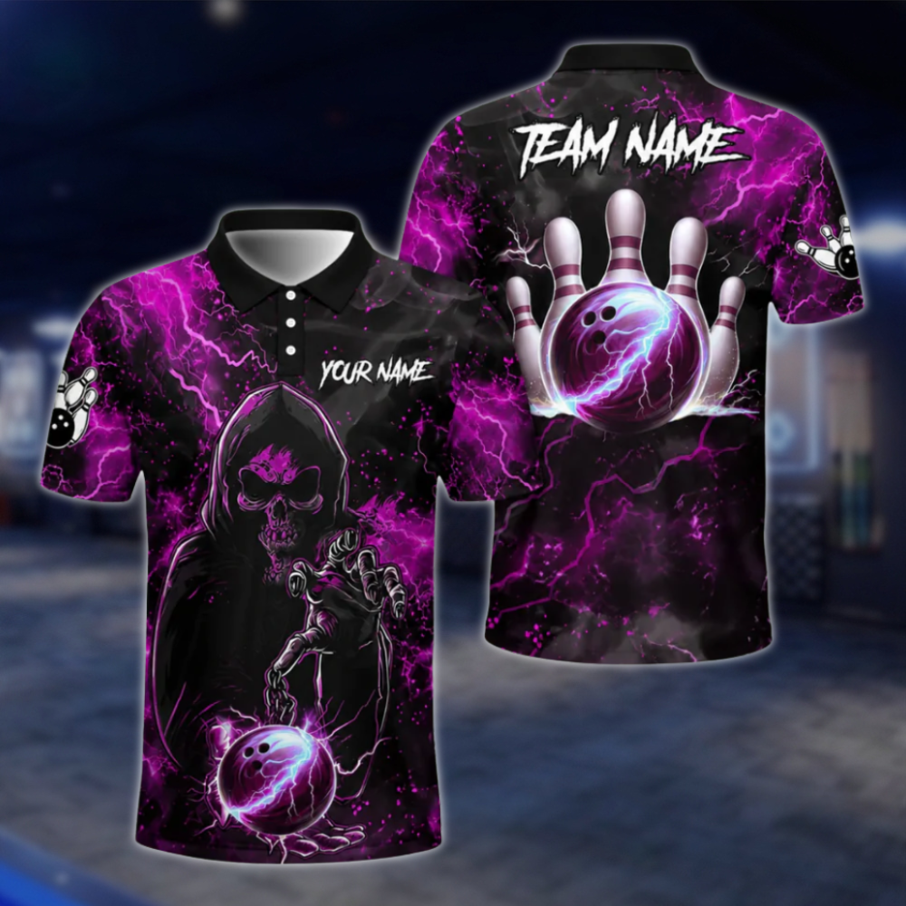 Custom Black And Blue Skull Bowling Polo Shirts Men, Custom Skull Bowling Shirts Team BZ0467