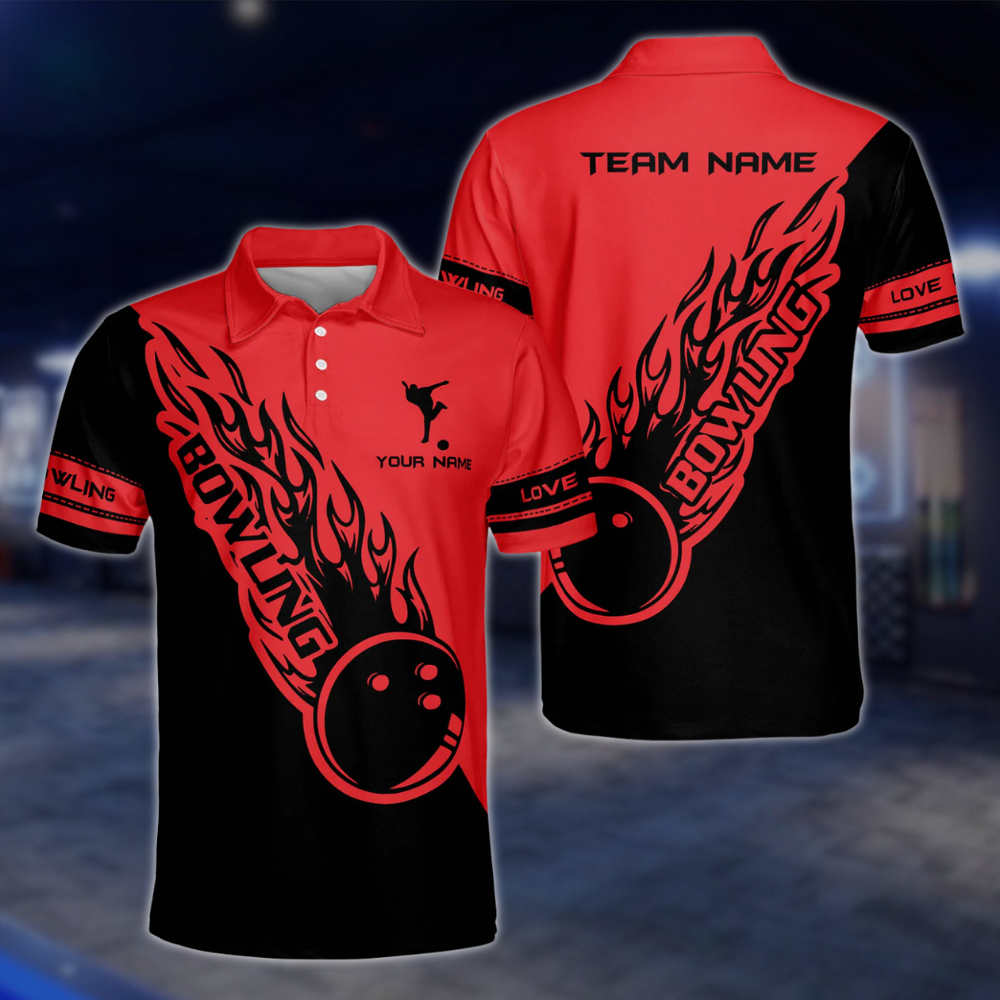 Personalized Blue Black Flame Ball Polo Bowling Team Shirts Men, Custom Team Flame Bowling Shirts BZ0224