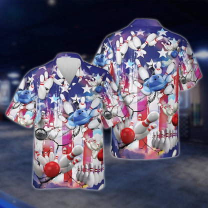 American Flag Red White Blue Bowling Hawaiian Shirt For Men And Women, Patriotic Bowling Shirts For 4th Of July BZ0232