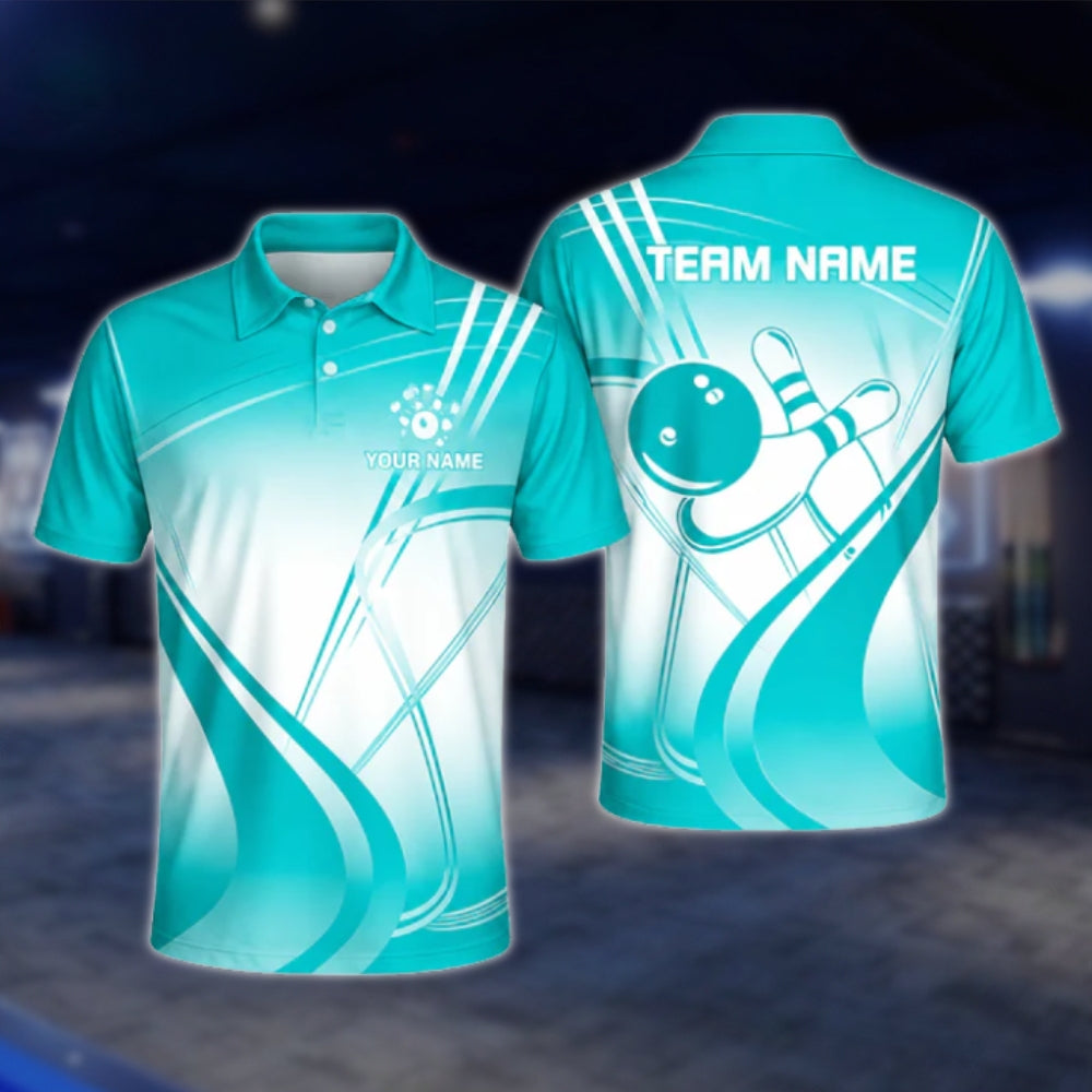 Custom Team White And Cyan Mens Bowling Polo Shirt, Custom Bowling Shirts BZ0450