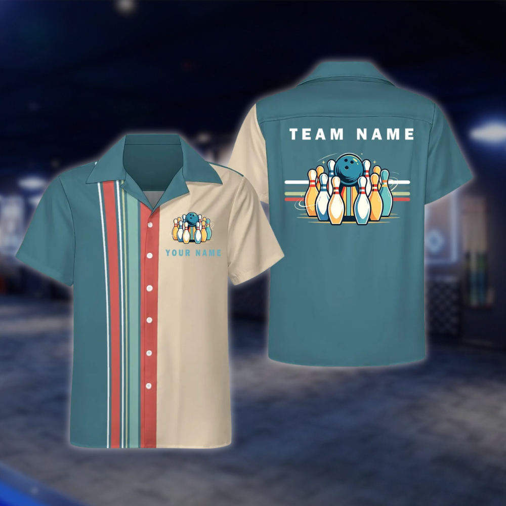 Personalized Retro Black Beige Bowling Hawaiian Shirt, Custom Retro Team Bowling Shirt BE0251