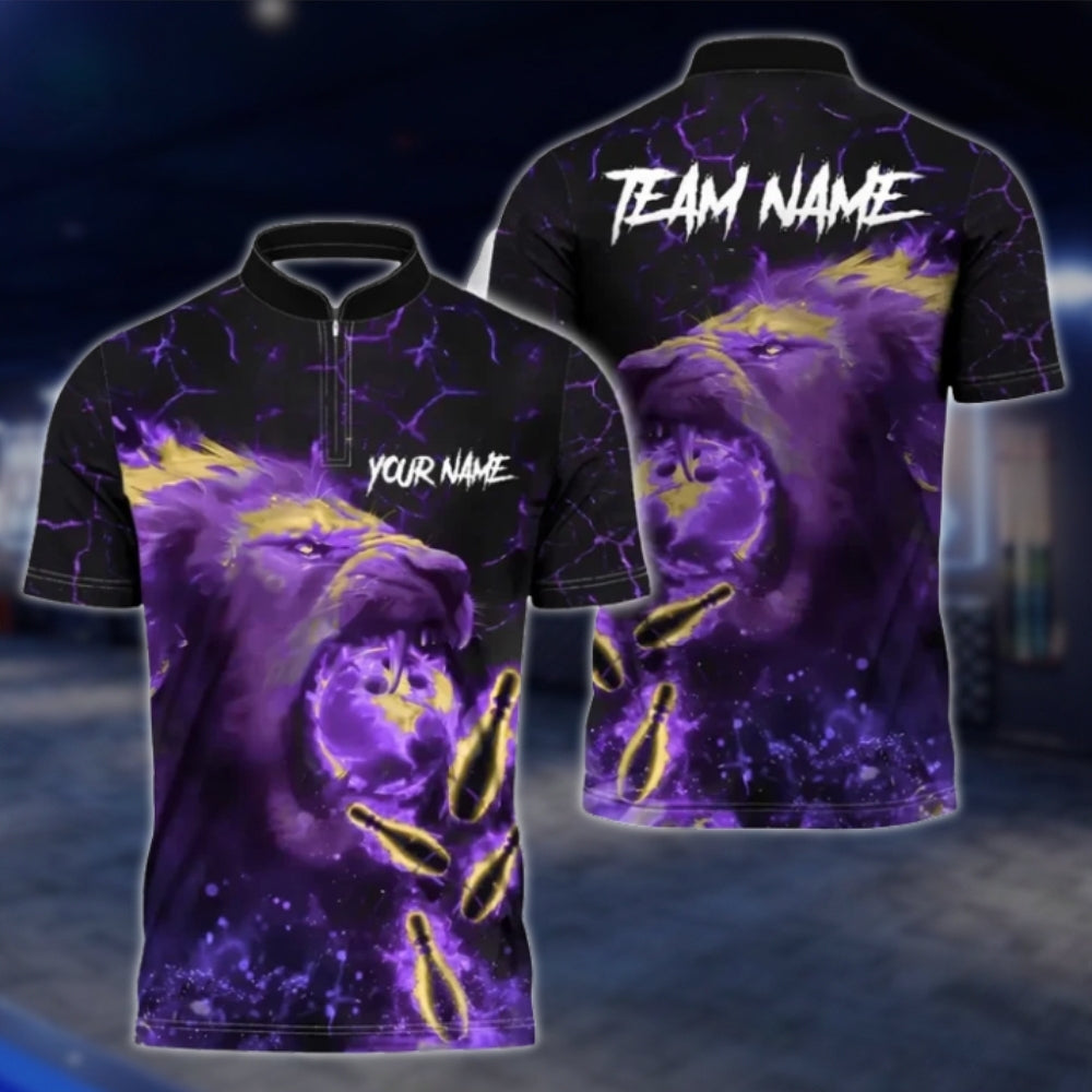 Personalized Lion Flame Blue Bowling Polo Shirt For Men, Custom Lion Bowling Shirt For Team BZ0731